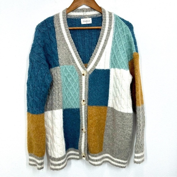 Fable Colorblock Cardigan Cable Knit Sweater Ash Blue S/M Oversized Cozy Casual - Picture 1 of 5